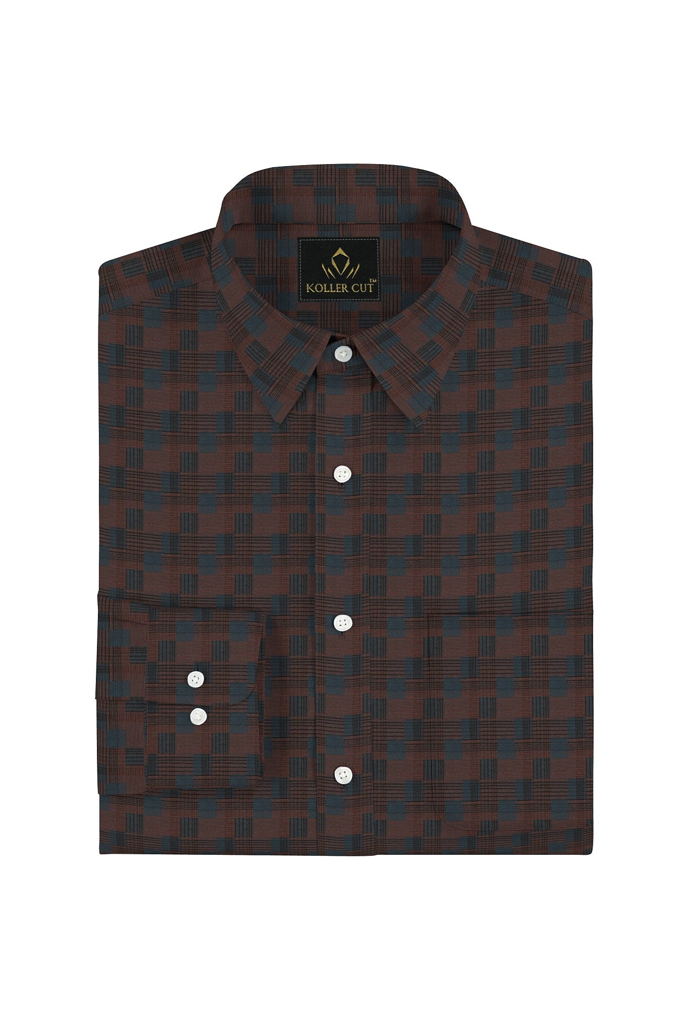 Cinnabar Brown and Teal Blue Jacquard Check Giza Cotton Shirt