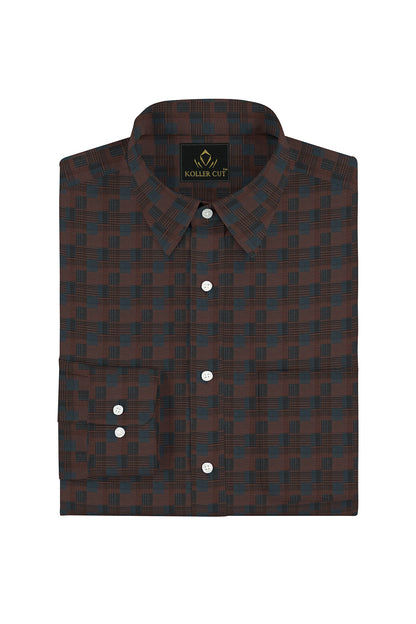 Cinnabar Brown and Teal Blue Jacquard Check Giza Cotton Shirt