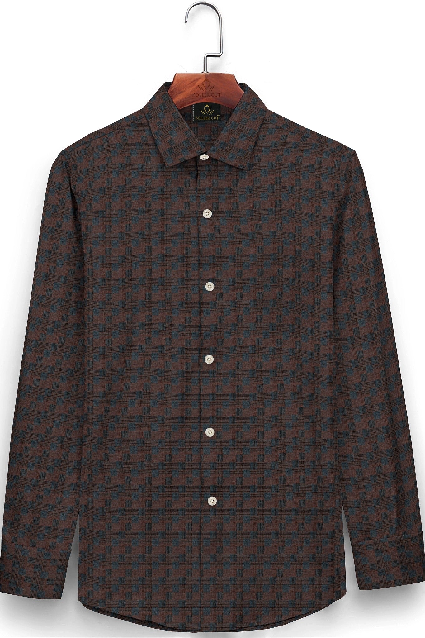Cinnabar Brown and Teal Blue Jacquard Check Giza Cotton Shirt