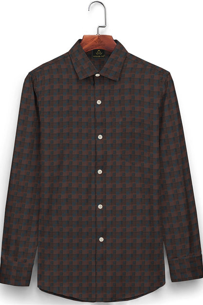 Cinnabar Brown and Teal Blue Jacquard Check Giza Cotton Shirt