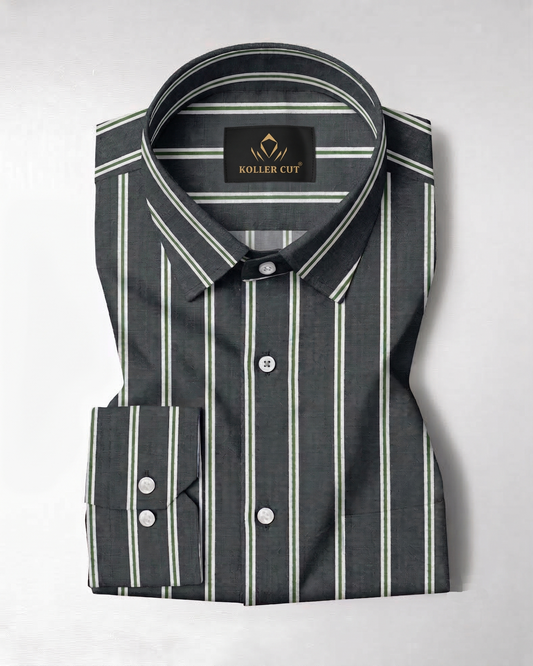 Iron Grey with Green Double Stripes Men's Cotton Shirt