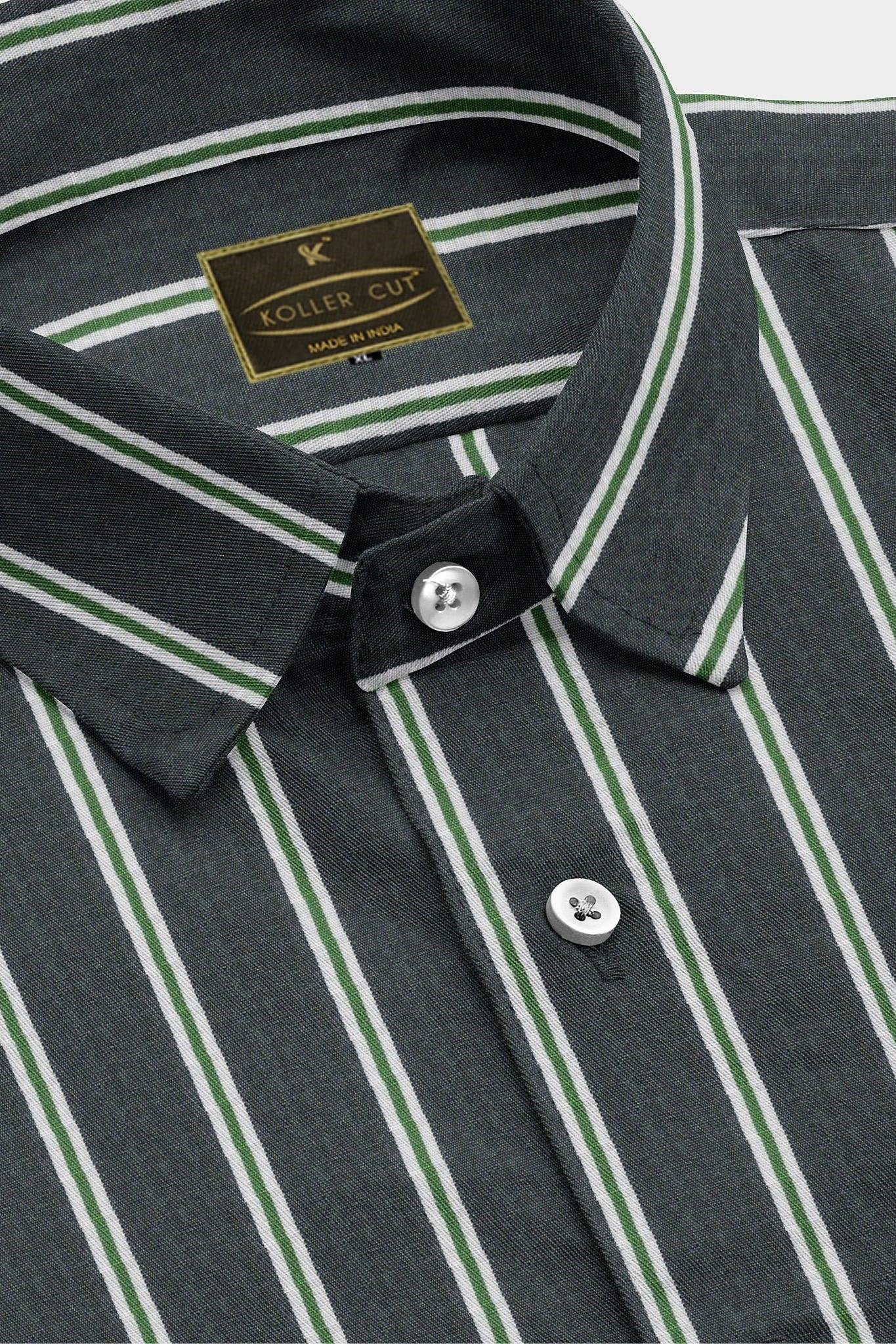 Iron Grey with Green Double Stripes Mens Cotton Shirt