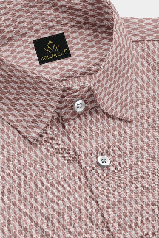 Copper Brown and White Diamond Checks Dobby Textured Print Cotton Shirt