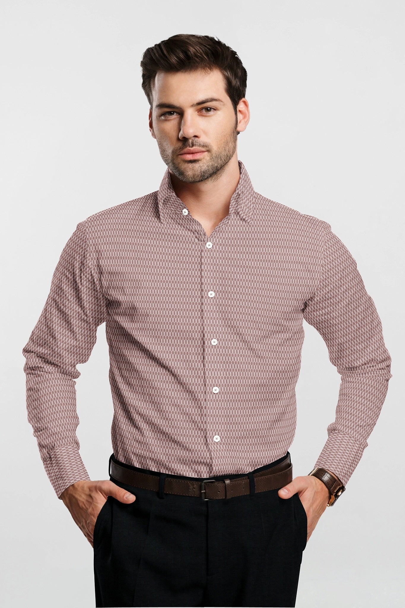 Copper Brown and White Diamond Checks Dobby Textured Print Cotton Shirt