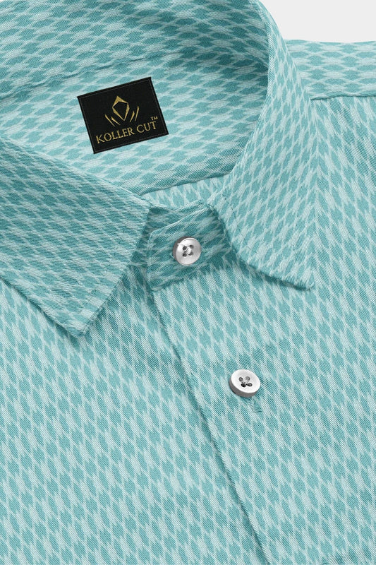 Turquoise Blue and White Diamond Dobby Checks Cotton Shirt
