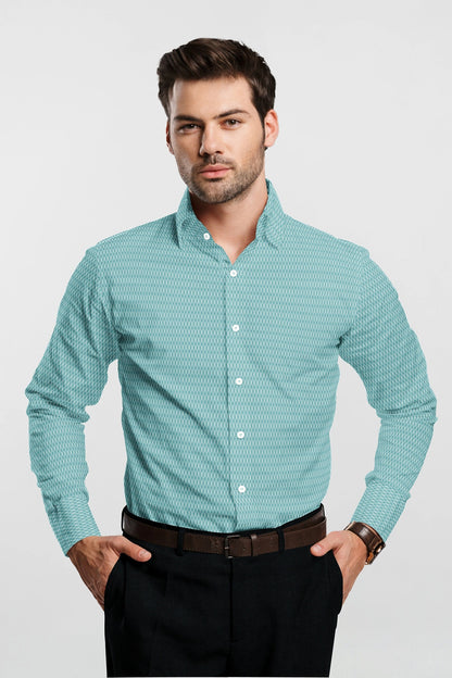 Turquoise Blue and White Diamond Dobby Checks Cotton Shirt