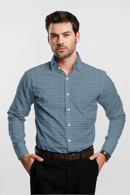 Celestial Blue and White Diamond Dobby Checks Cotton Shirt