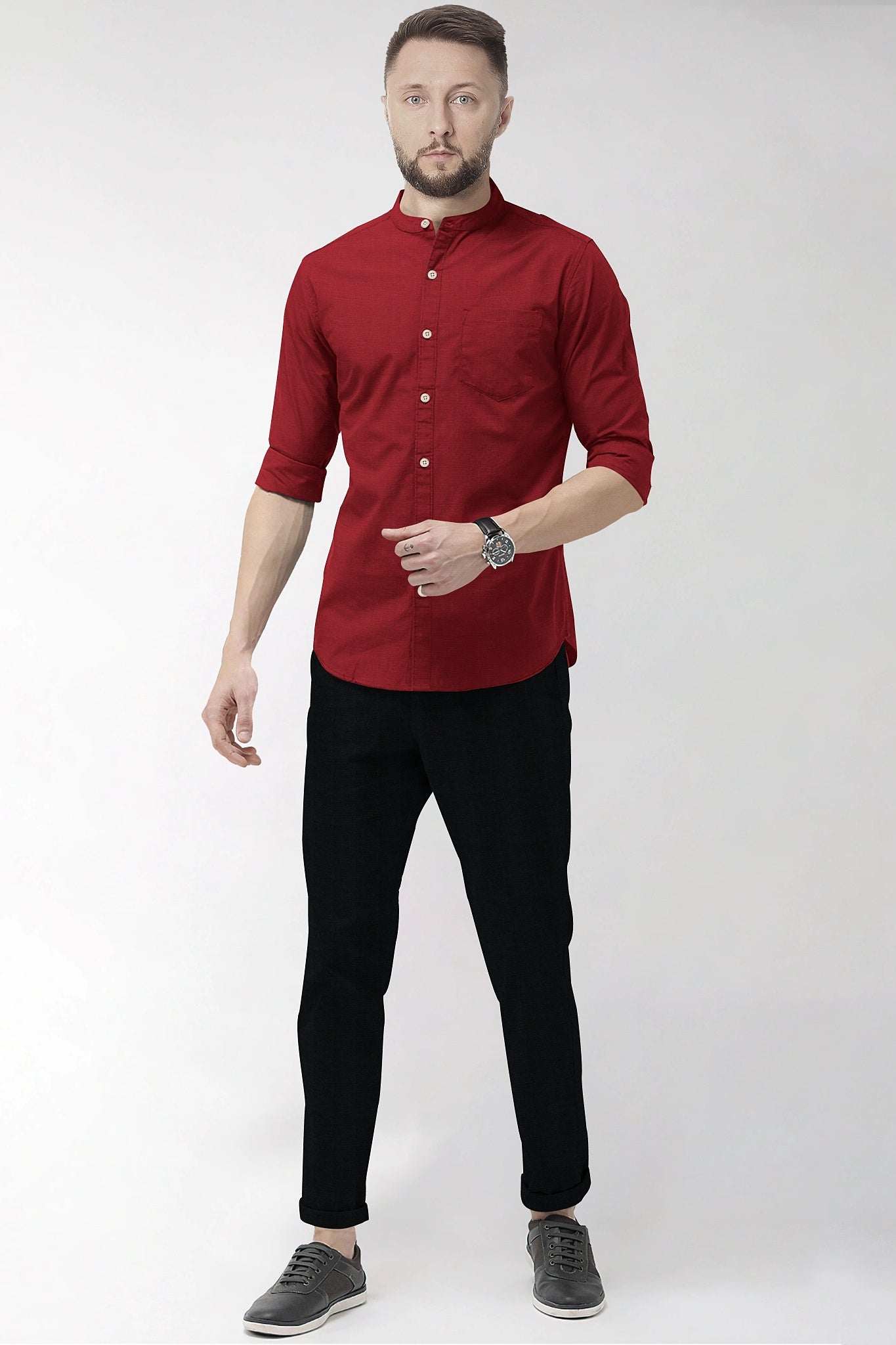 Red Mandarin Collar Cotton Linen Shirt