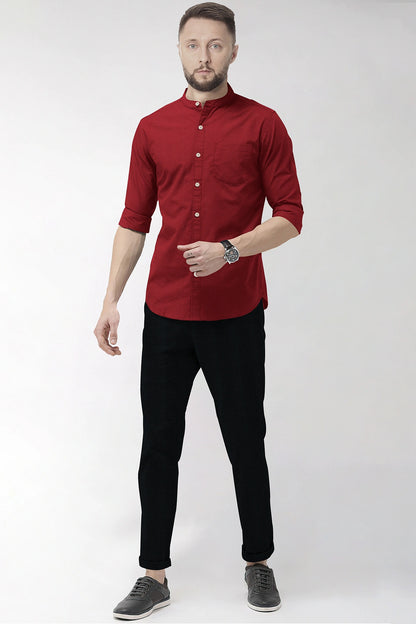 Red Mandarin Collar Cotton Linen Shirt