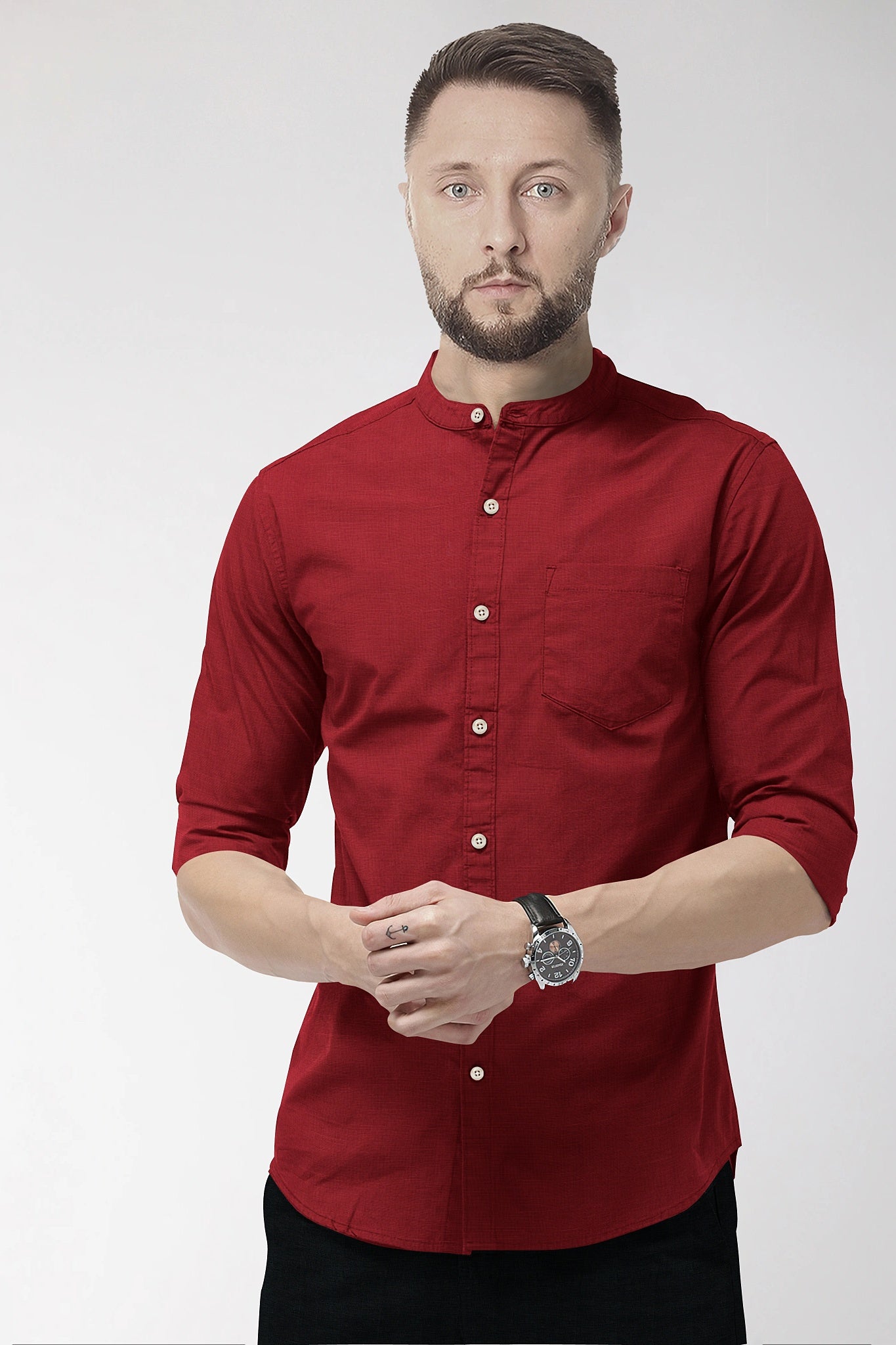 Red Mandarin Collar Cotton Linen Shirt