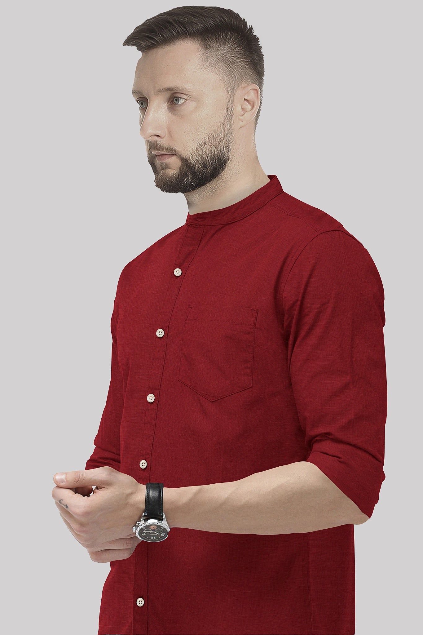 Red Mandarin Collar Cotton Linen Shirt