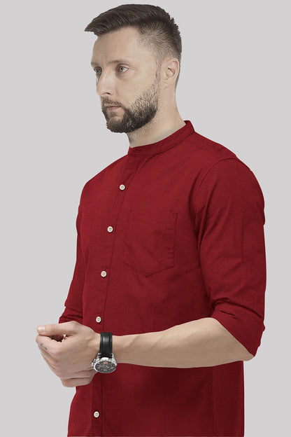 Red Mandarin Collar Cotton Linen Shirt