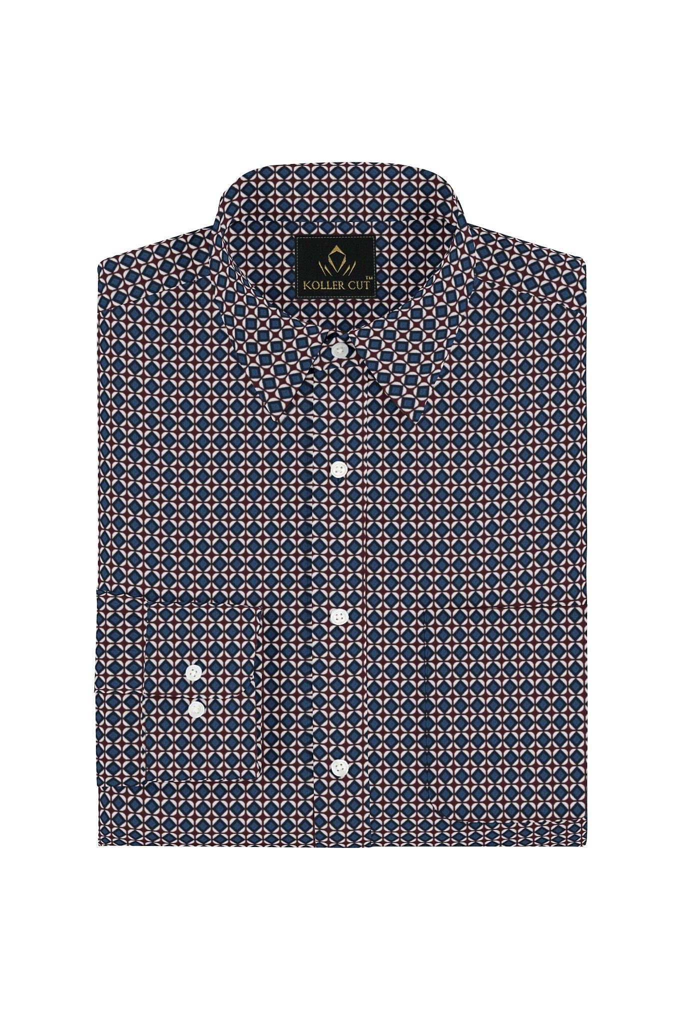Gibraltar Blue with Russet Brown and White Diamond Printed Cotton Shirt