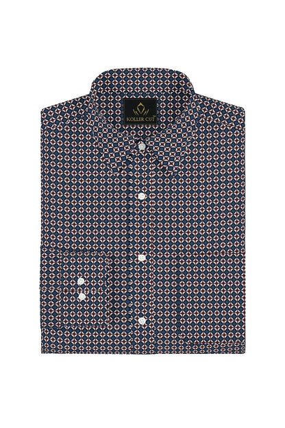 Gibraltar Blue with Russet Brown and White Diamond Printed Cotton Shirt