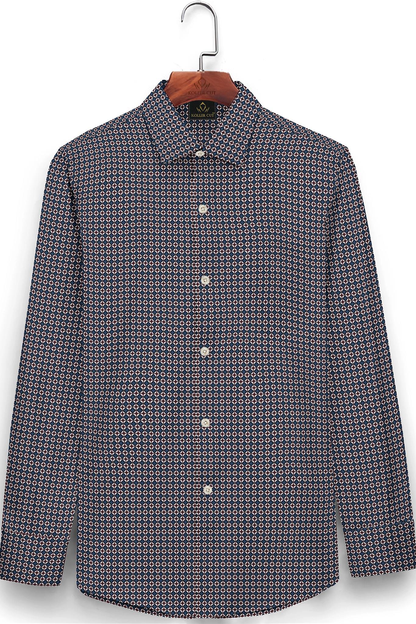 Gibraltar Blue with Russet Brown and White Diamond Printed Cotton Shirt