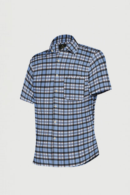 Lichen Blue  with Black and White Checks Cotton Shirt