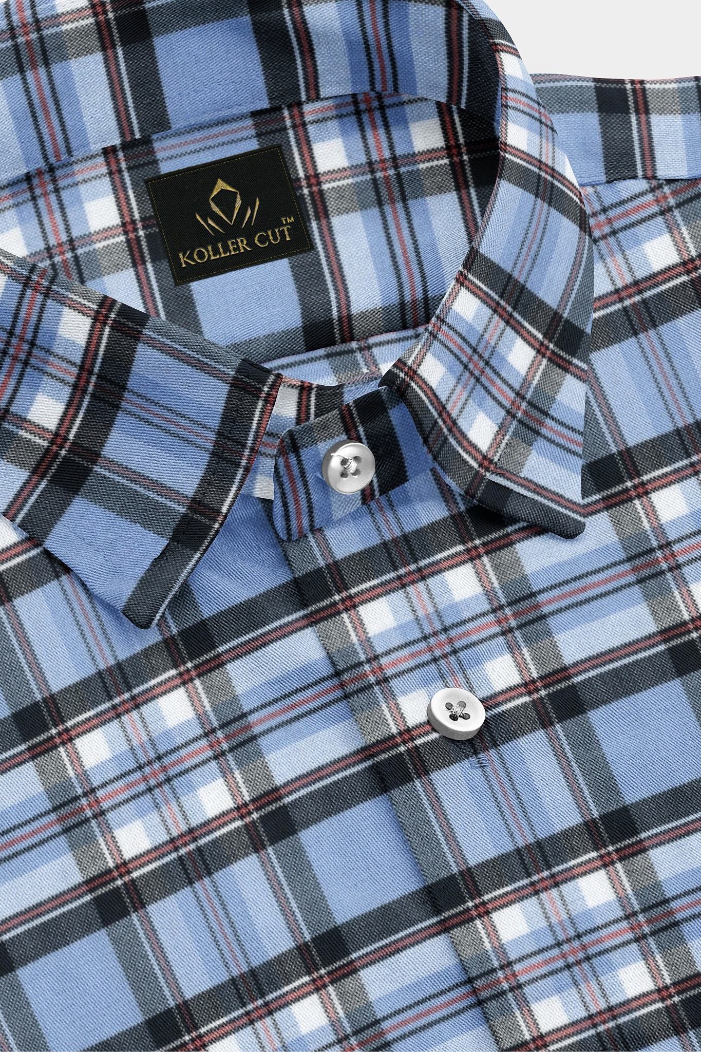 Lichen Blue  with Black and White Checks Cotton Shirt