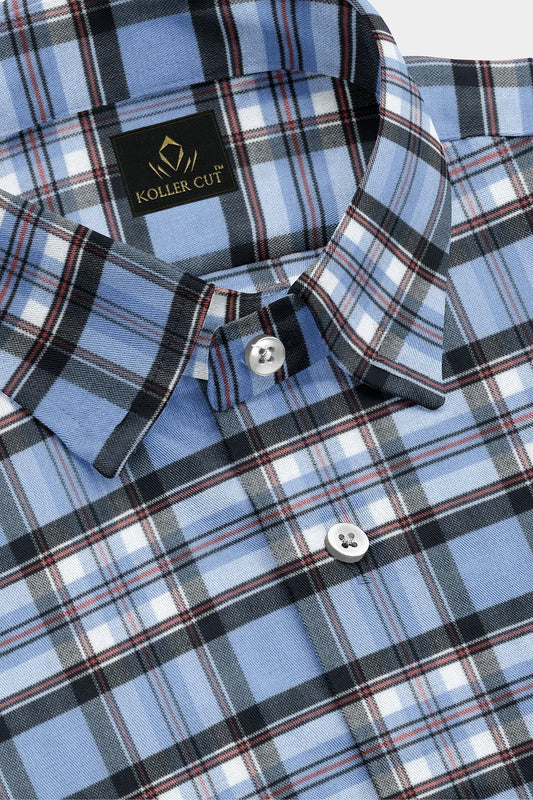 Lichen Blue  with Black and White Checks Cotton Shirt