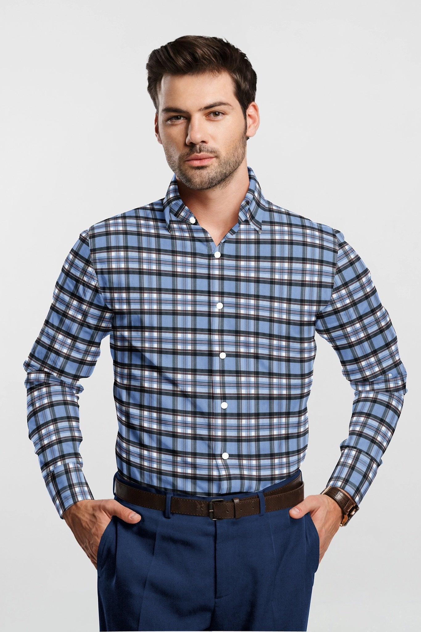 Lichen Blue  with Black and White Checks Cotton Shirt