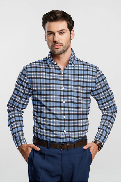 Lichen Blue  with Black and White Checks Cotton Shirt