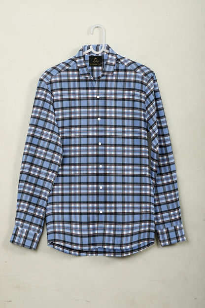 Lichen Blue  with Black and White Checks Cotton Shirt