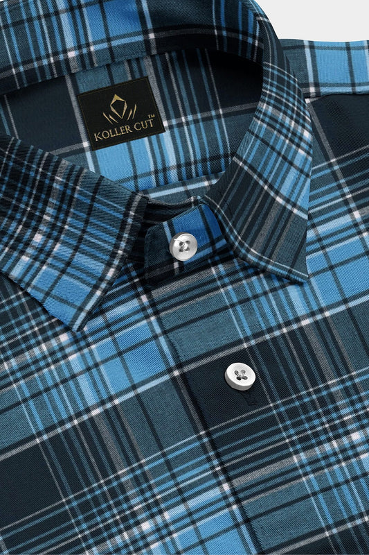 Opal Blue and Dresden Blue and White Checks Cotton Shirt