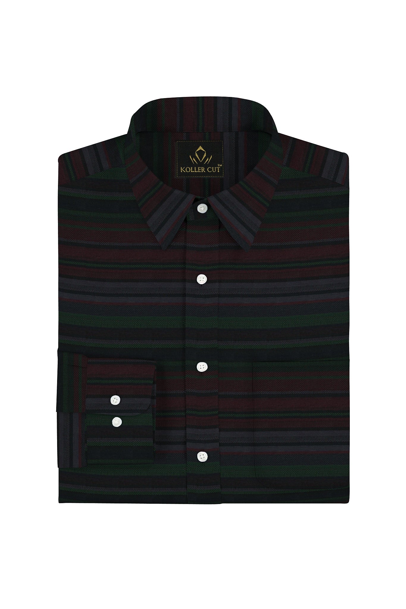 Jet Black with Cilantro Green and Rhubarb Red Multicolored Dobby Stripes Cotton Shirt