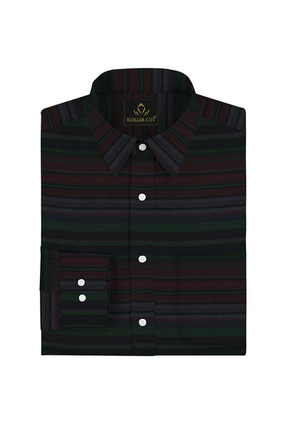 Jet Black with Cilantro Green and Rhubarb Red Multicolored Dobby Stripes Cotton Shirt
