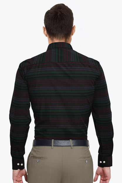 Jet Black with Cilantro Green and Rhubarb Red Multicolored Dobby Stripes Cotton Shirt