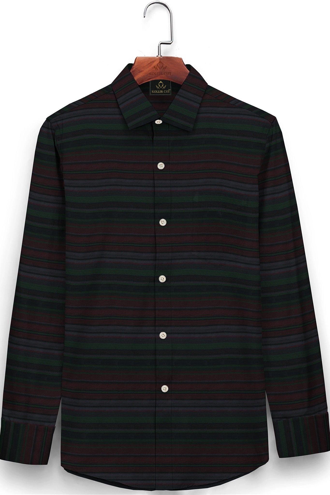 Jet Black with Cilantro Green and Rhubarb Red Multicolored Dobby Stripes Cotton Shirt