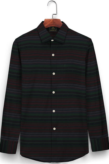Jet Black with Cilantro Green and Rhubarb Red Multicolored Dobby Stripes Cotton Shirt