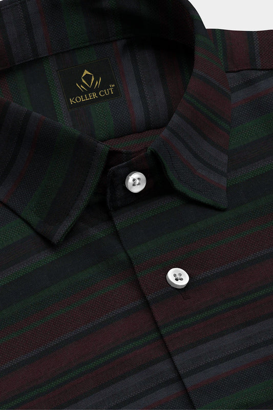 Jet Black with Cilantro Green and Rhubarb Red Multicolored Dobby Stripes Cotton Shirt