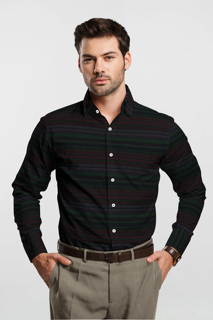 Jet Black with Cilantro Green and Rhubarb Red Multicolored Dobby Stripes Cotton Shirt