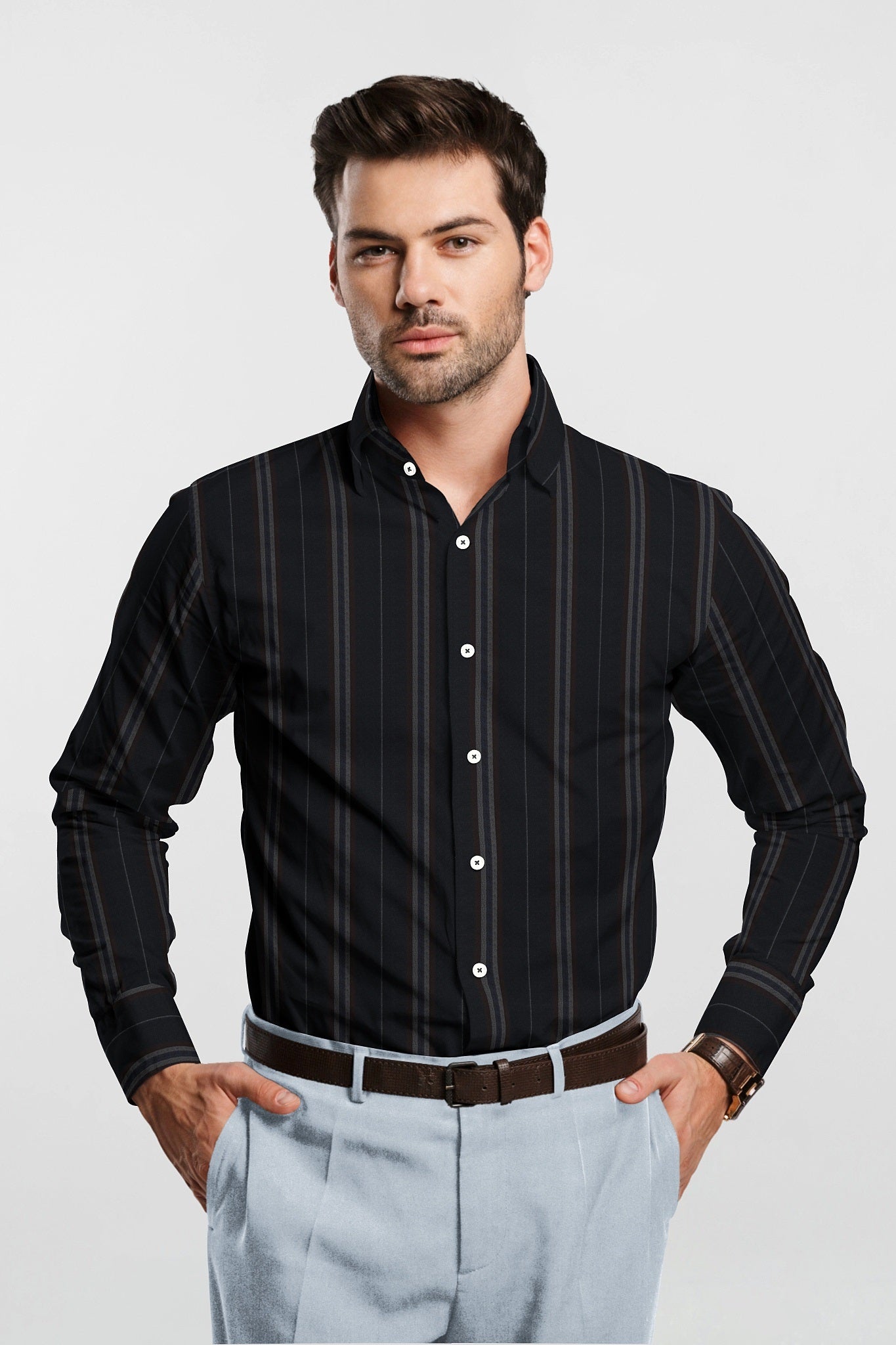 Jade Black with Henna Brown and Midnight Blue Stripes Cotton Shirt