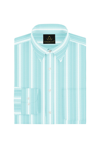 Turquoise Blue and White Stripes Cotton Shirt