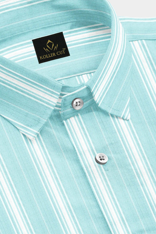 Turquoise Blue and White Stripes Cotton Shirt