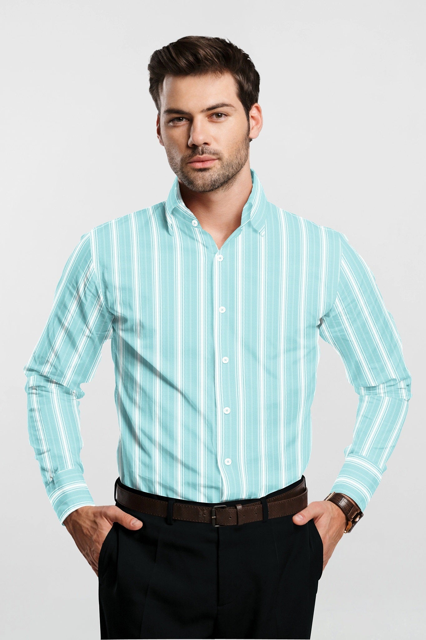 Turquoise Blue and White Stripes Cotton Shirt