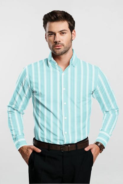 Turquoise Blue and White Stripes Cotton Shirt