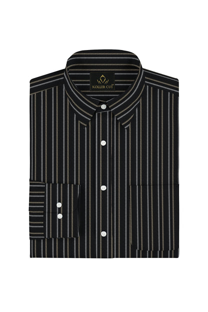 Jade Black with Beige and White Stripes Premium Cotton Shirt