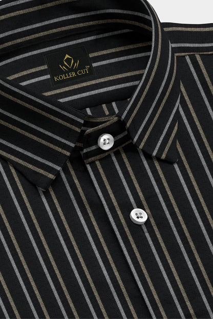 Jade Black with Beige and White Stripes Premium Cotton Shirt