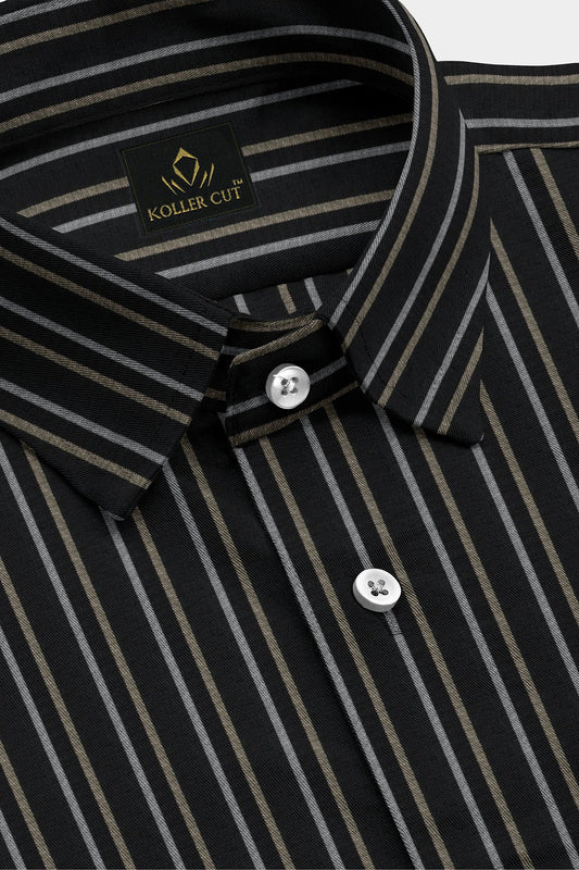 Jade Black with Beige and White Stripes Premium Cotton Shirt