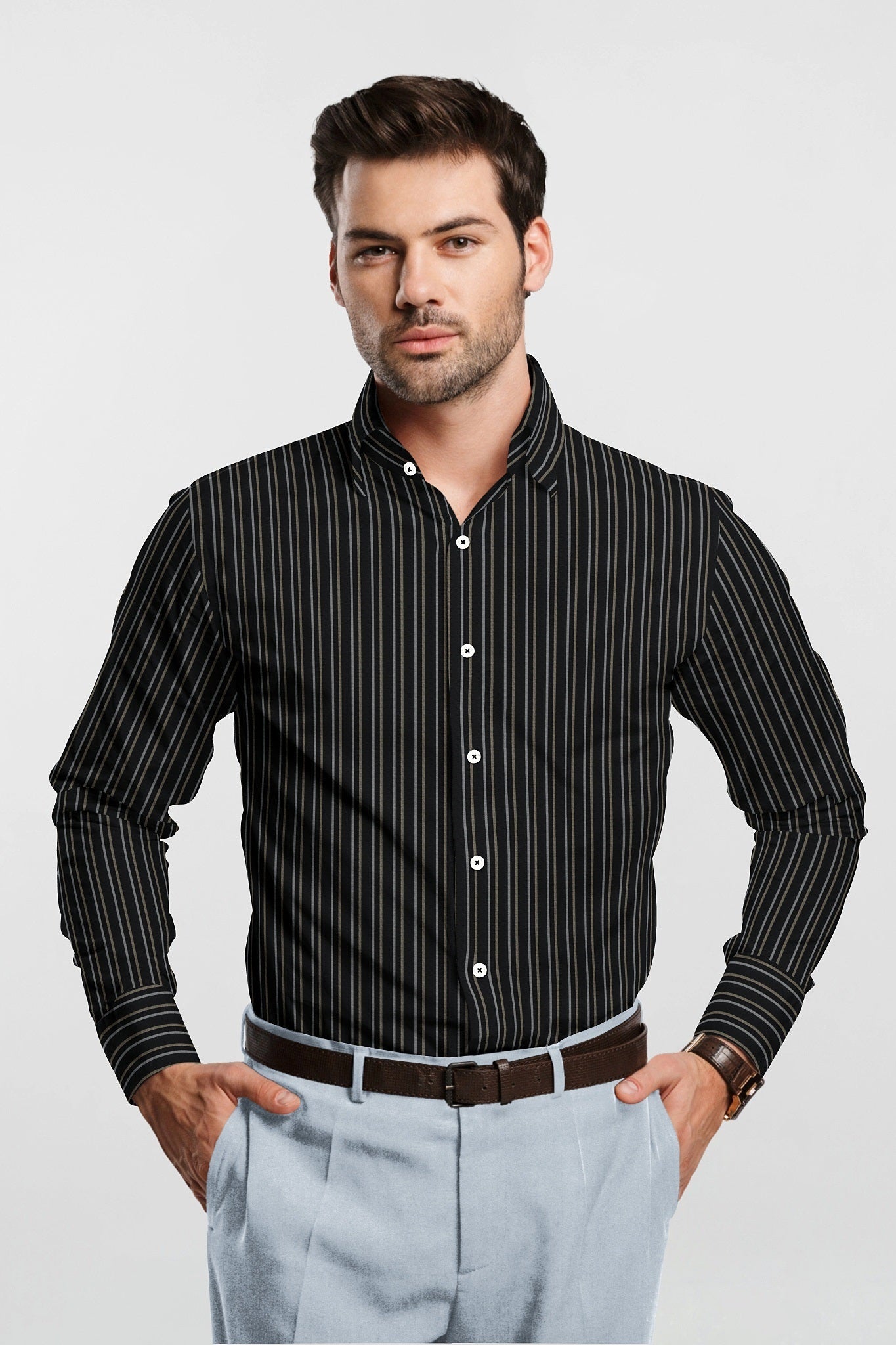 Jade Black with Beige and White Stripes Premium Cotton Shirt