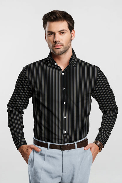 Jade Black with Beige and White Stripes Premium Cotton Shirt