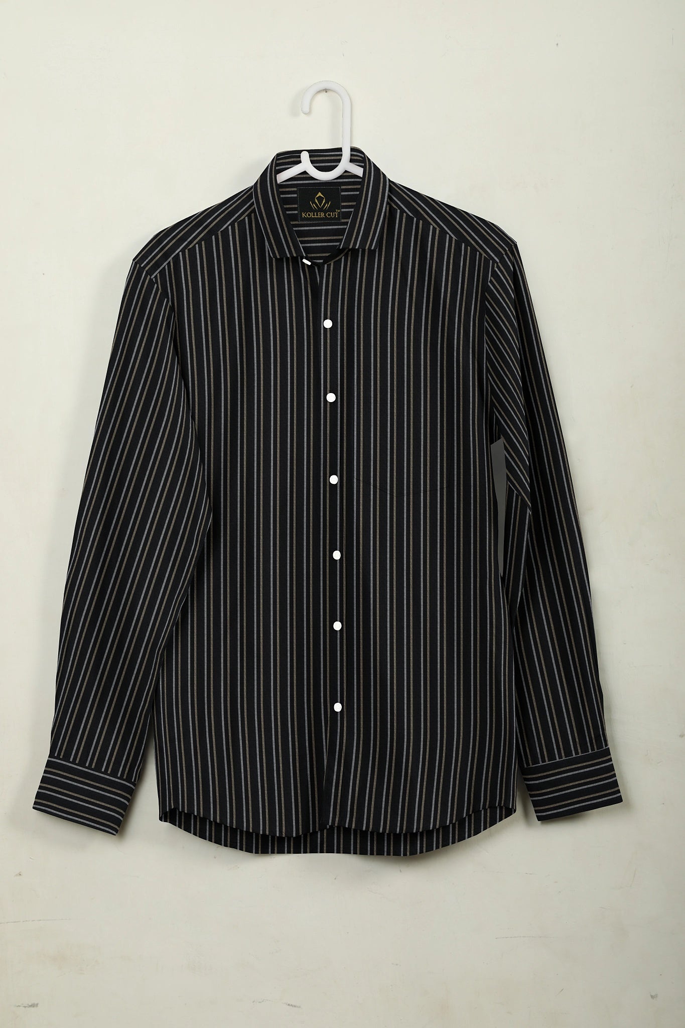 Jade Black with Beige and White Stripes Premium Cotton Shirt