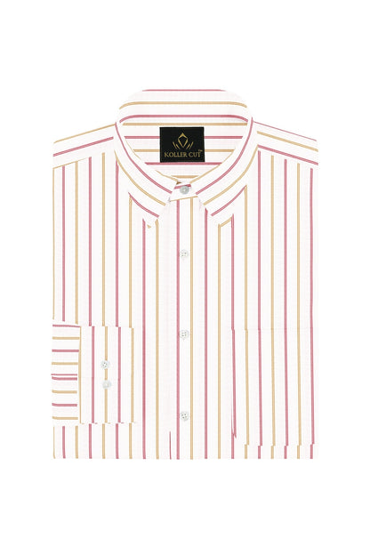 White with Lychee Red and Mustard Yellow Double Stripes Premium Cotton Shirt