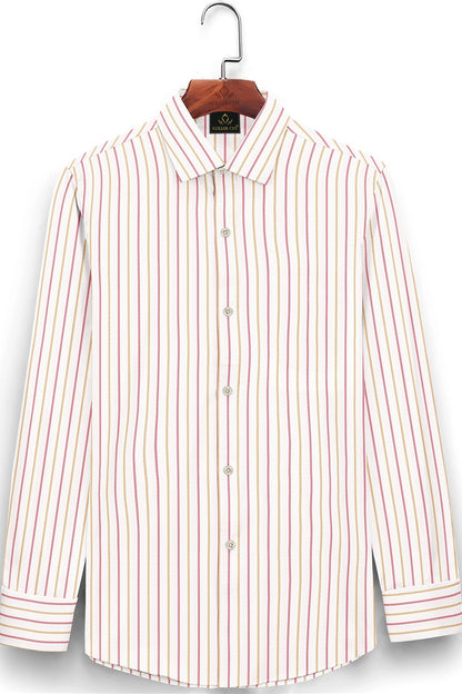 White with Lychee Red and Mustard Yellow Double Stripes Premium Cotton Shirt