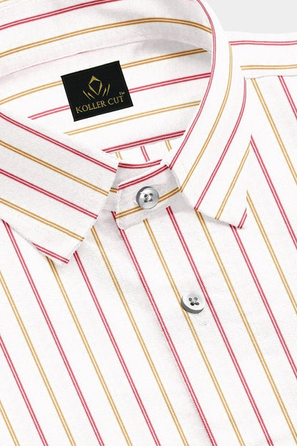White with Lychee Red and Mustard Yellow Double Stripes Premium Cotton Shirt
