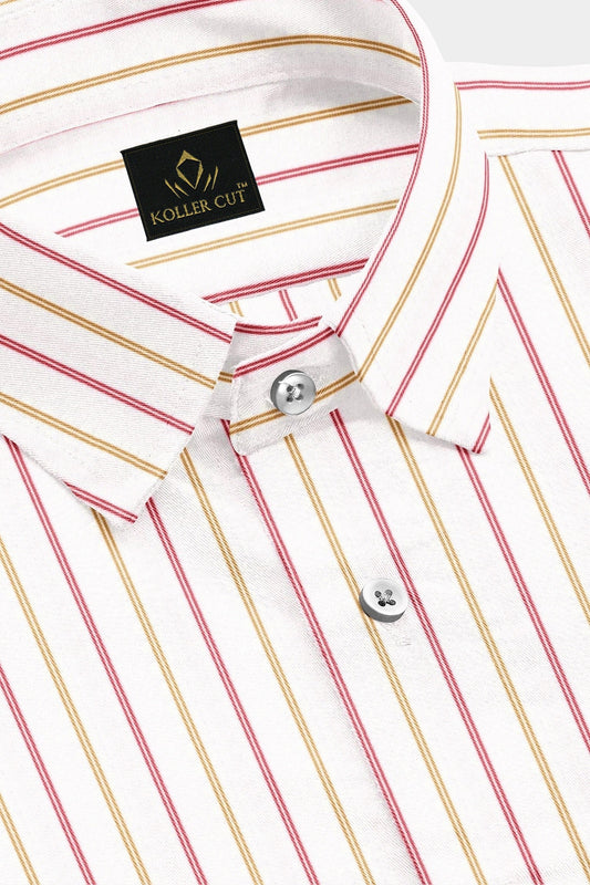 White with Lychee Red and Mustard Yellow Double Stripes Premium Cotton Shirt