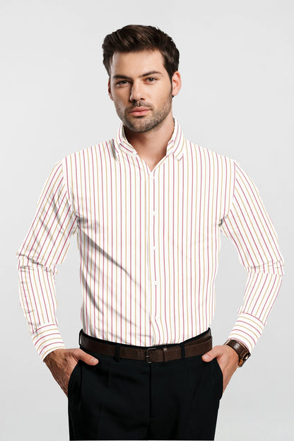 White with Lychee Red and Mustard Yellow Double Stripes Premium Cotton Shirt