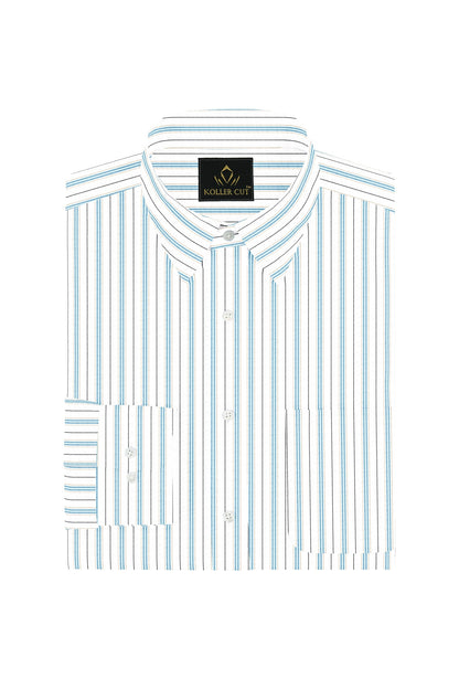White with Turquoise Blue and Black Stripes Premium Cotton Shirts